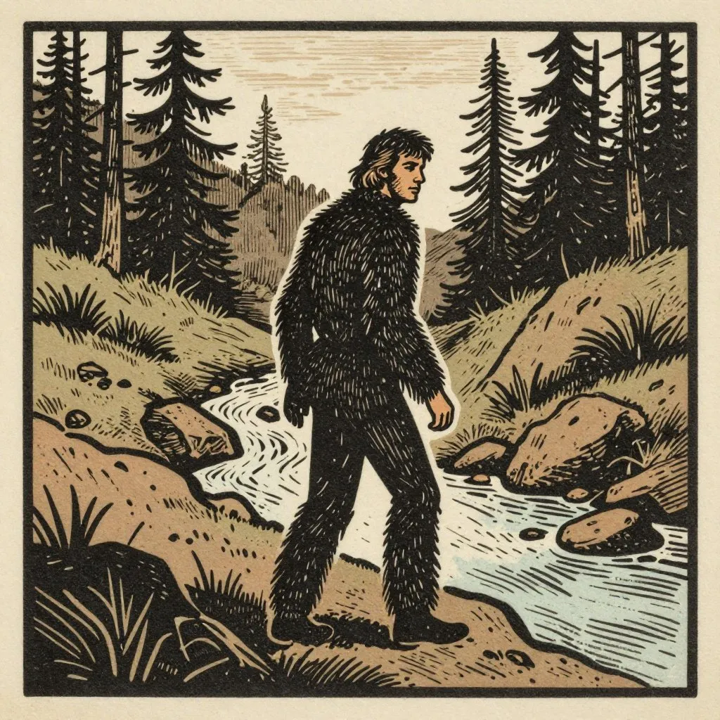 Woodcut print of a tall dark hairy figure walking along a creek bed, glancing back over its shoulder in vintage 1960s film style