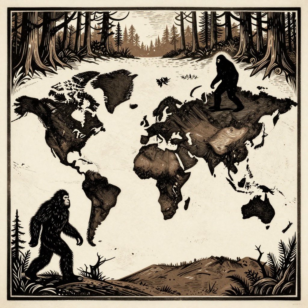 Woodcut print world map with silhouettes of different Bigfoot-like creatures placed in their regions