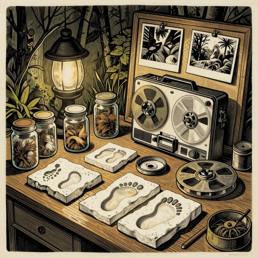 Woodcut print of a naturalist's desk covered with plaster footprint casts, hair sample jars, a tape recorder, and blurry photographs