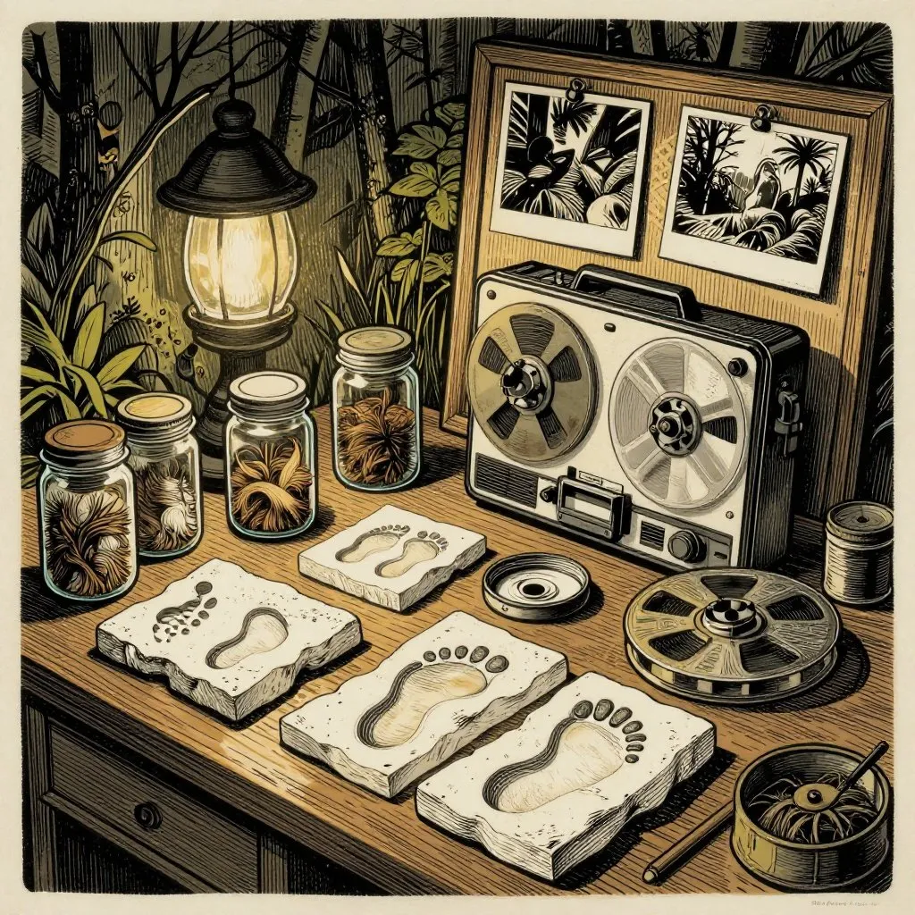 Woodcut print of a naturalist's desk covered with plaster footprint casts, hair sample jars, a tape recorder, and blurry photographs