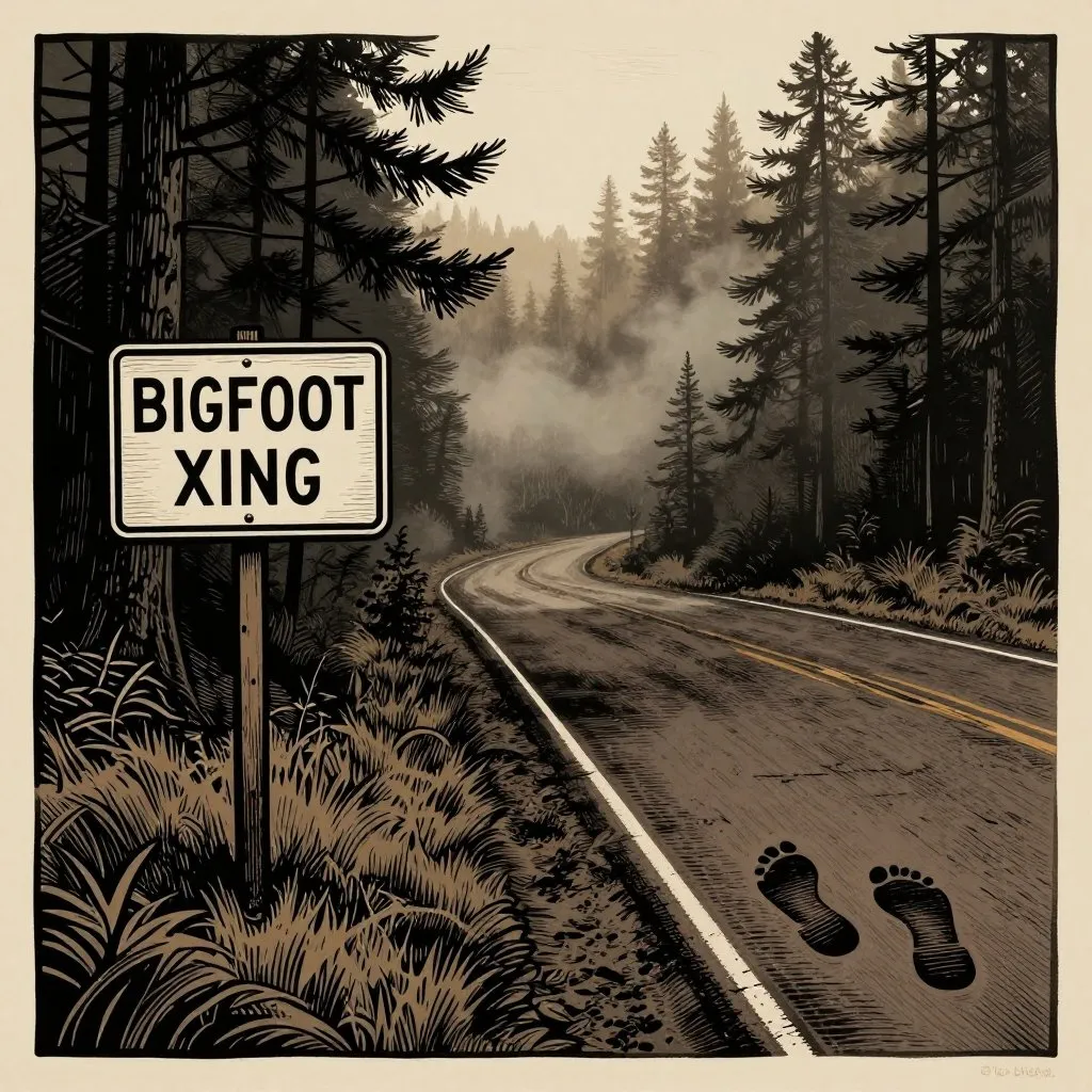 Woodcut print of a highway road sign reading BIGFOOT XING at the edge of a dark misty forest road