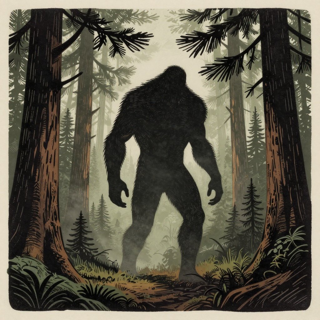 Woodcut print illustration of a massive shadowy bipedal figure standing at the edge of a misty Pacific Northwest forest