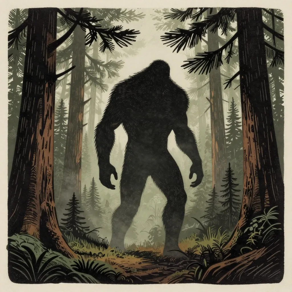 Woodcut print illustration of a massive shadowy bipedal figure standing at the edge of a misty Pacific Northwest forest