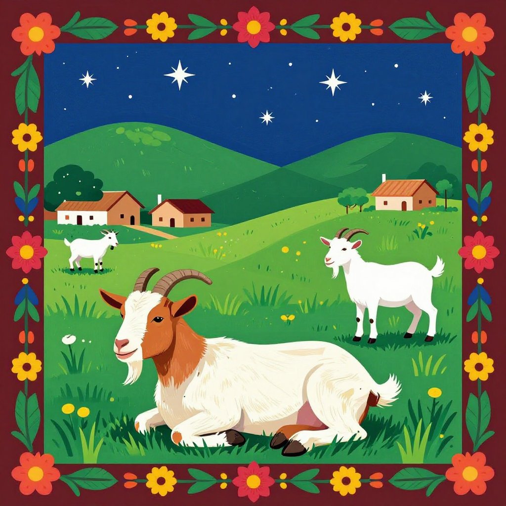 Mexican folk art of a pastoral Puerto Rican farm scene with goats, one lying still with puncture marks