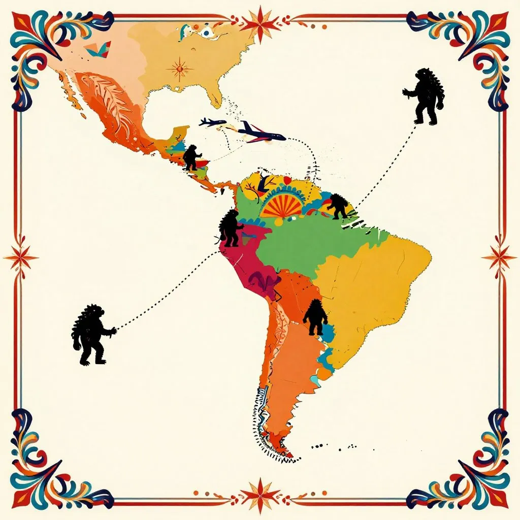 Mexican folk art decorative map of the Americas with different Chupacabra silhouettes scattered across countries