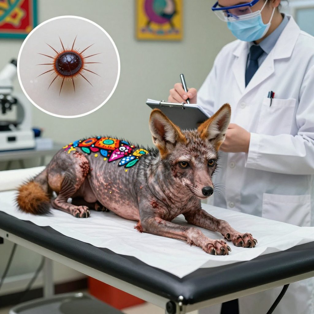 Mexican folk art scientific examination scene with a hairless mangy coyote on an examination table