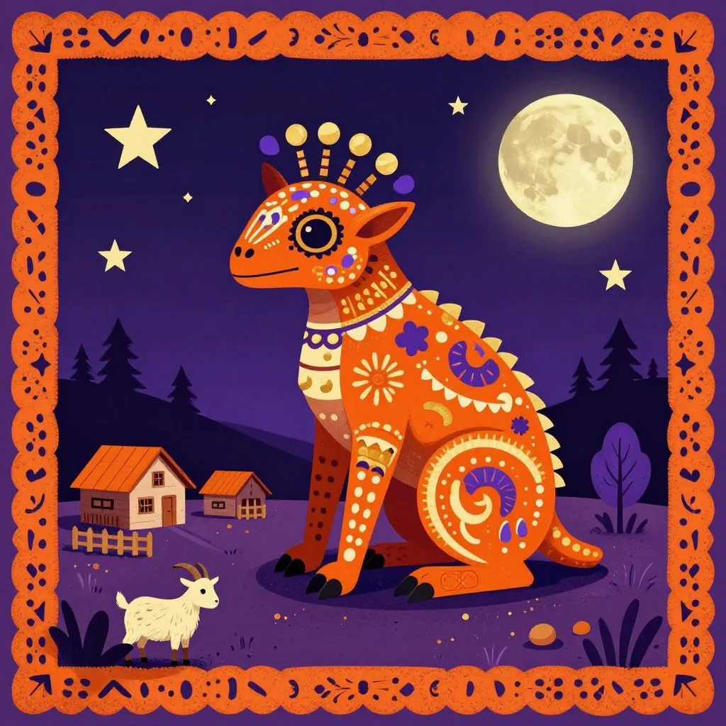 Mexican folk art illustration of a stylized Chupacabra creature crouching on a moonlit hillside above a small farm