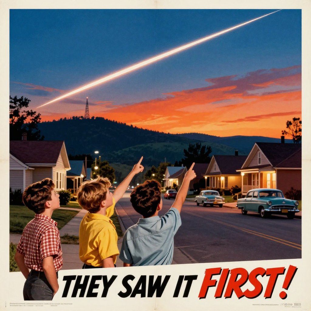 1950s B-movie poster illustration of three boys on a small-town street pointing at a bright streak crossing the sky