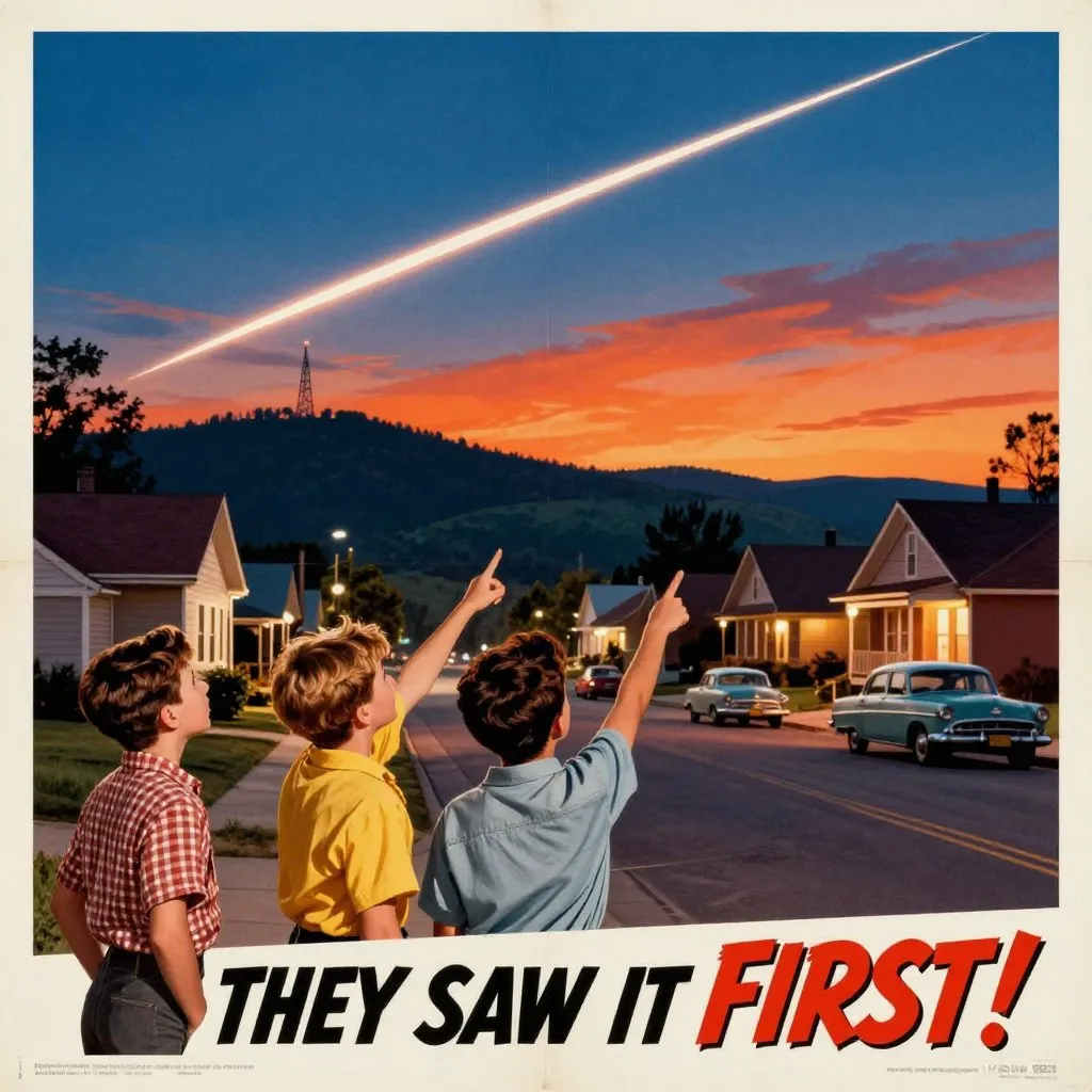 1950s B-movie poster illustration of three boys on a small-town street pointing at a bright streak crossing the sky