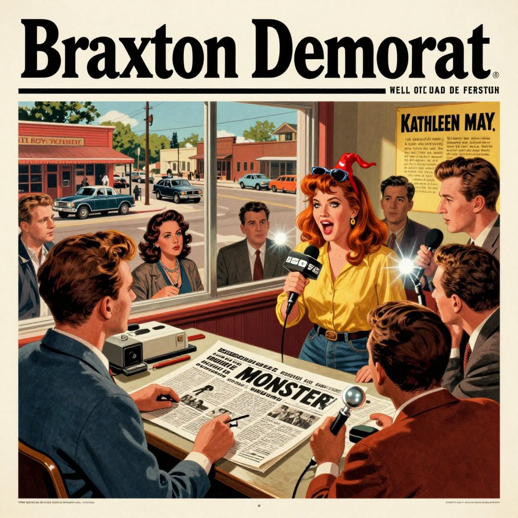 1950s B-movie poster illustration of a small-town newspaper office overwhelmed with reporters and the front page being printed