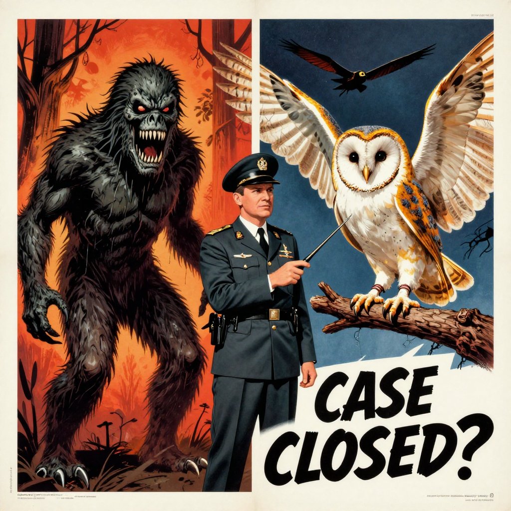 1950s B-movie poster split panel comparing the terrifying Flatwoods Monster with a barn owl and an Air Force officer pointing at the owl