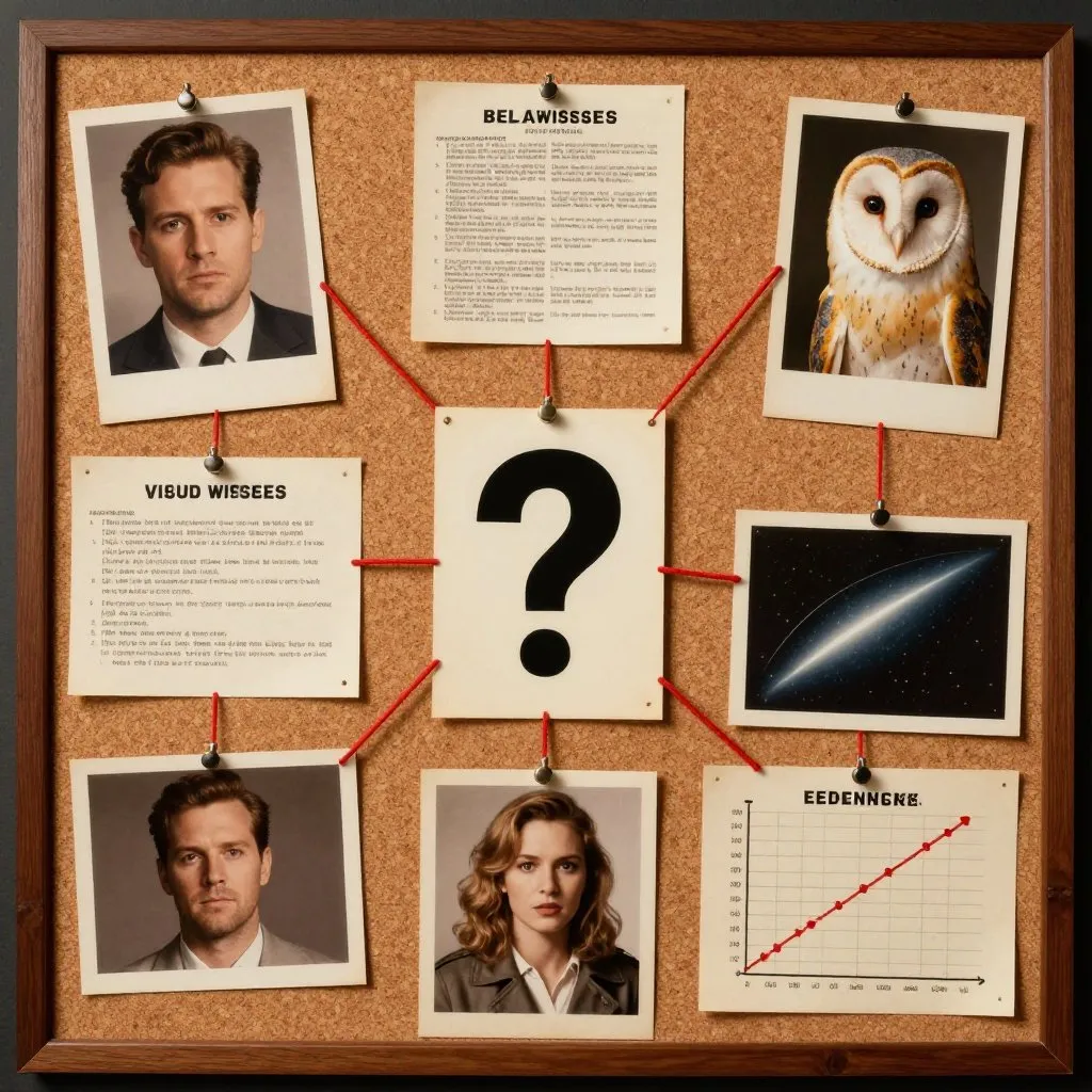 1950s B-movie poster detective board with witness photographs, red string, medical reports, and owl photograph