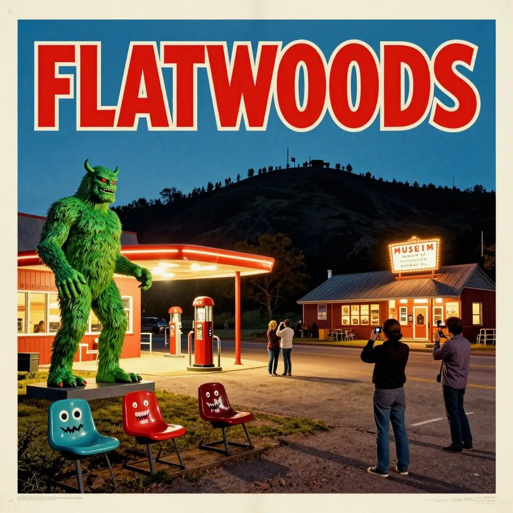 1950s B-movie poster illustration of the town of Flatwoods with a green monster statue at a gas station and tourists taking photos