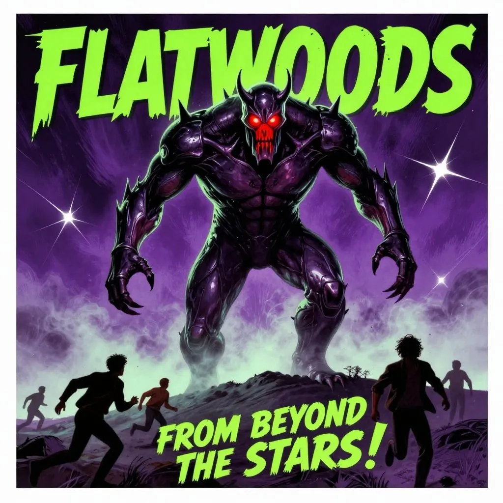 1950s B-movie poster illustration of the Flatwoods Monster ten feet tall with spade-shaped head hovering above a misty hilltop in neon green and purple