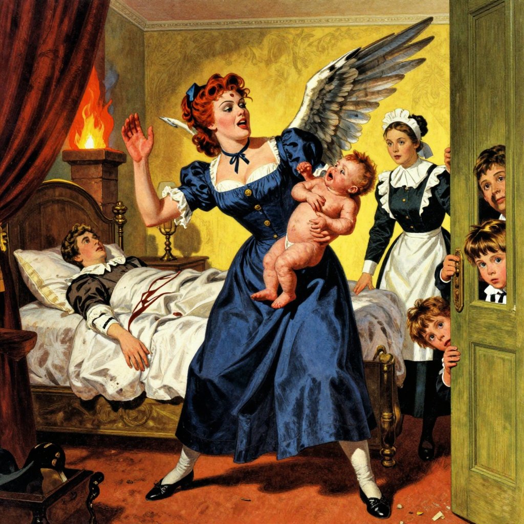 Retro pulp illustration of a colonial bedroom with a woman recoiling as a monstrous infant transforms with wings sprouting