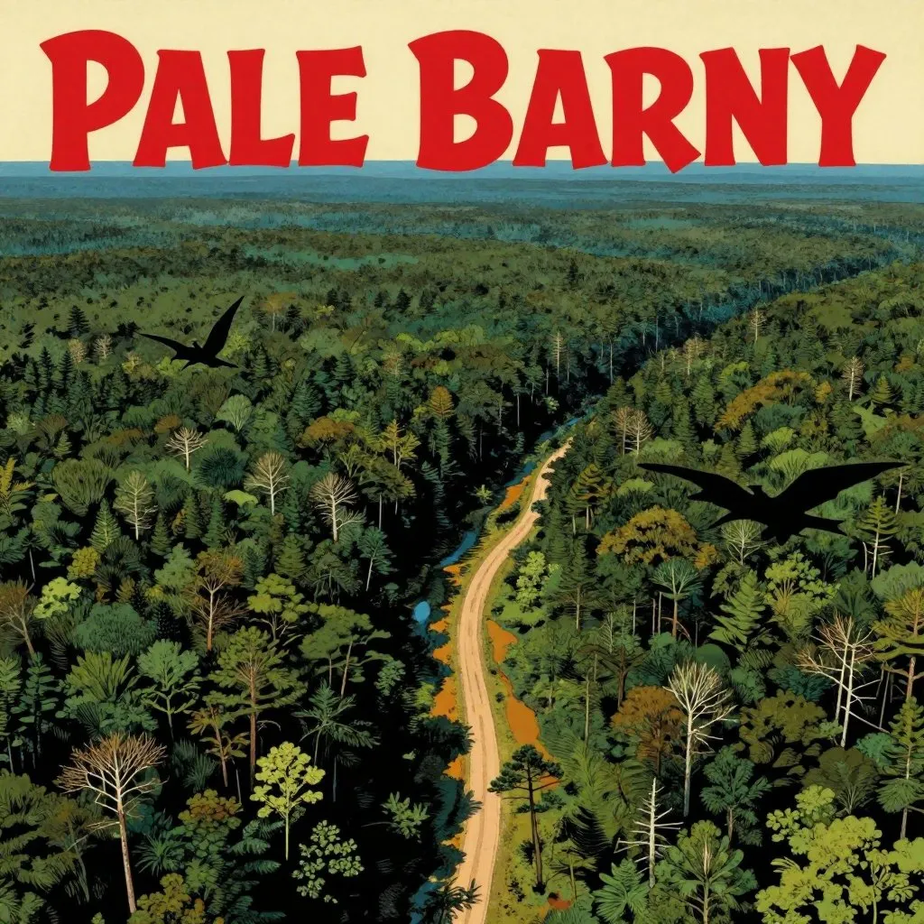 Retro pulp illustration aerial view of the Pine Barrens stretching to the horizon with a winged shadow over the canopy