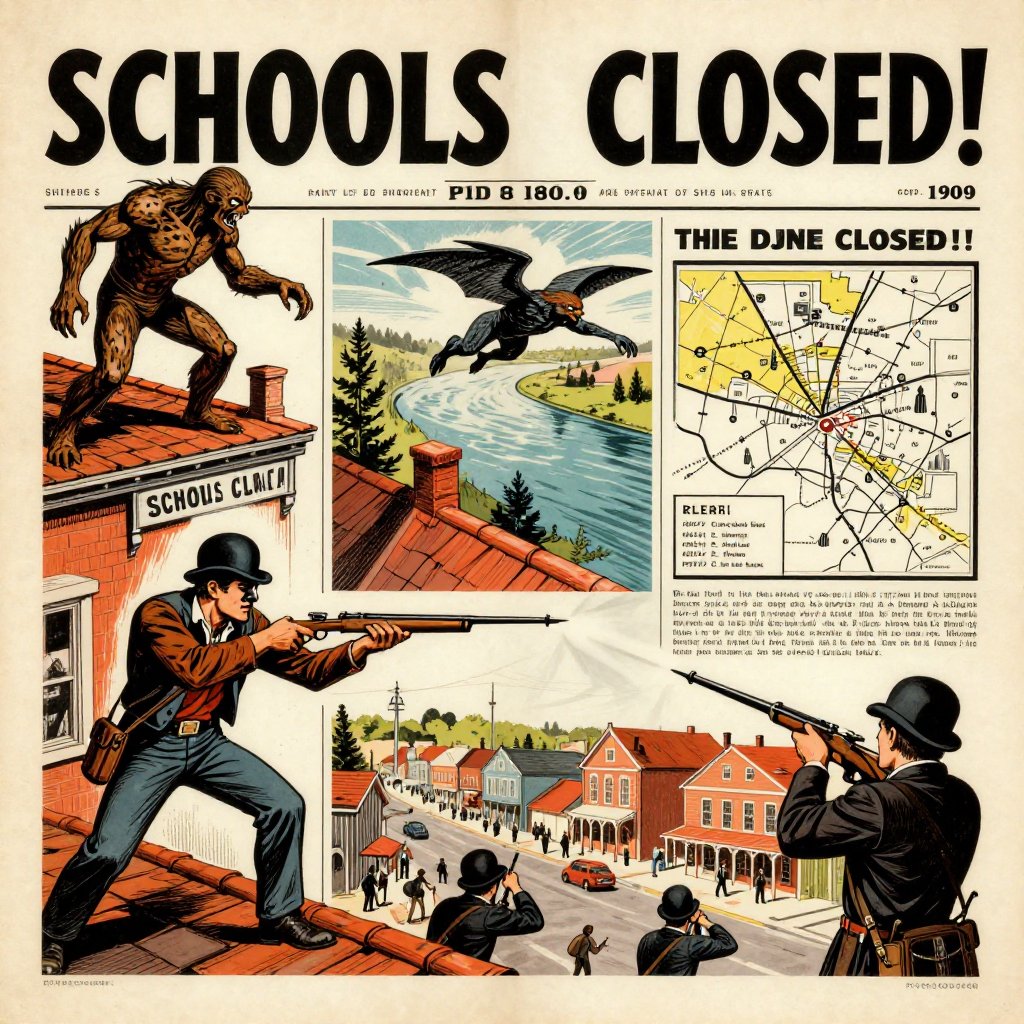 Retro pulp illustration of a 1909 newspaper front page with multiple sighting reports and illustrations of the creature