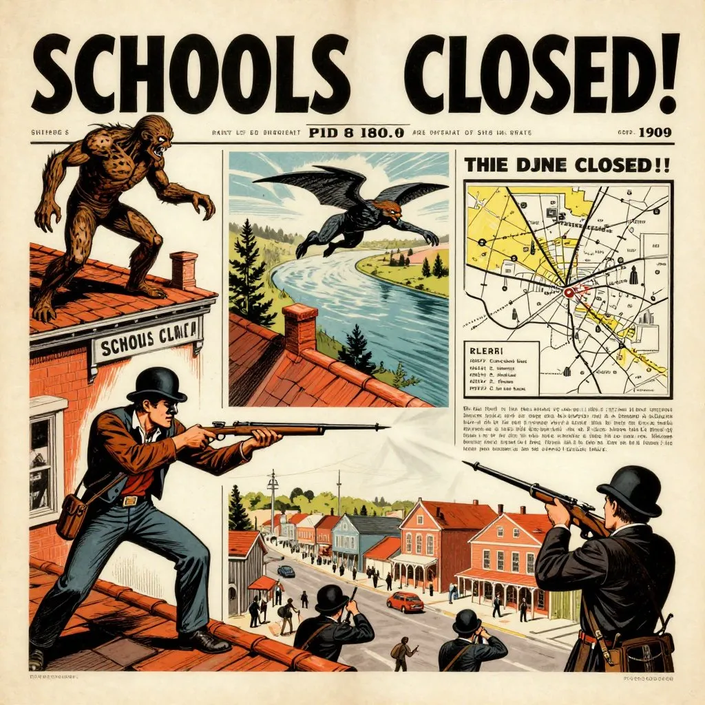 Retro pulp illustration of a 1909 newspaper front page with multiple sighting reports and illustrations of the creature