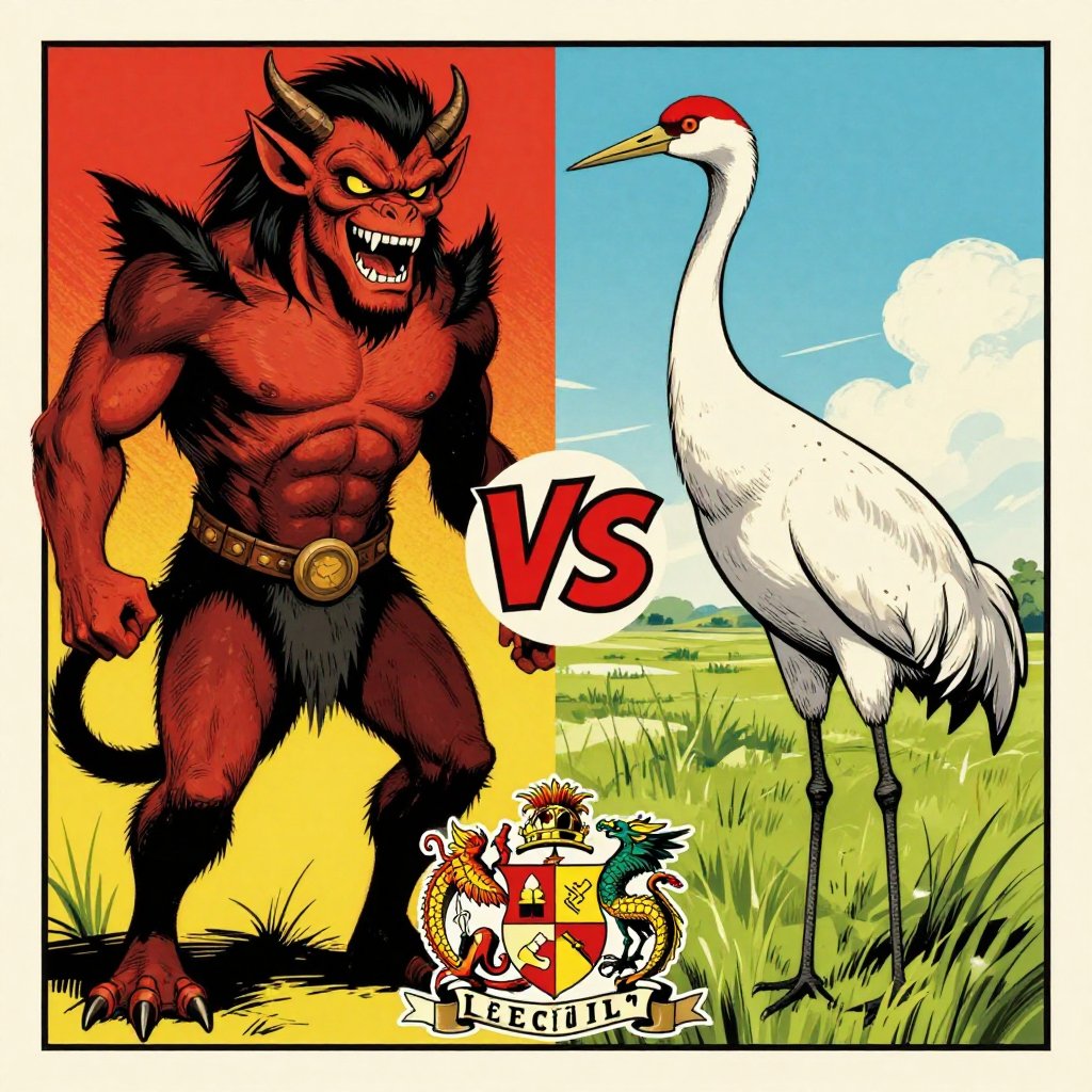 Retro pulp illustration split panel comparing the legendary Jersey Devil with a judgmental sandhill crane