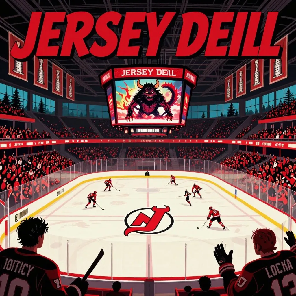 Retro pulp illustration of a hockey arena with the New Jersey Devils logo and the Pine Barrens visible outside