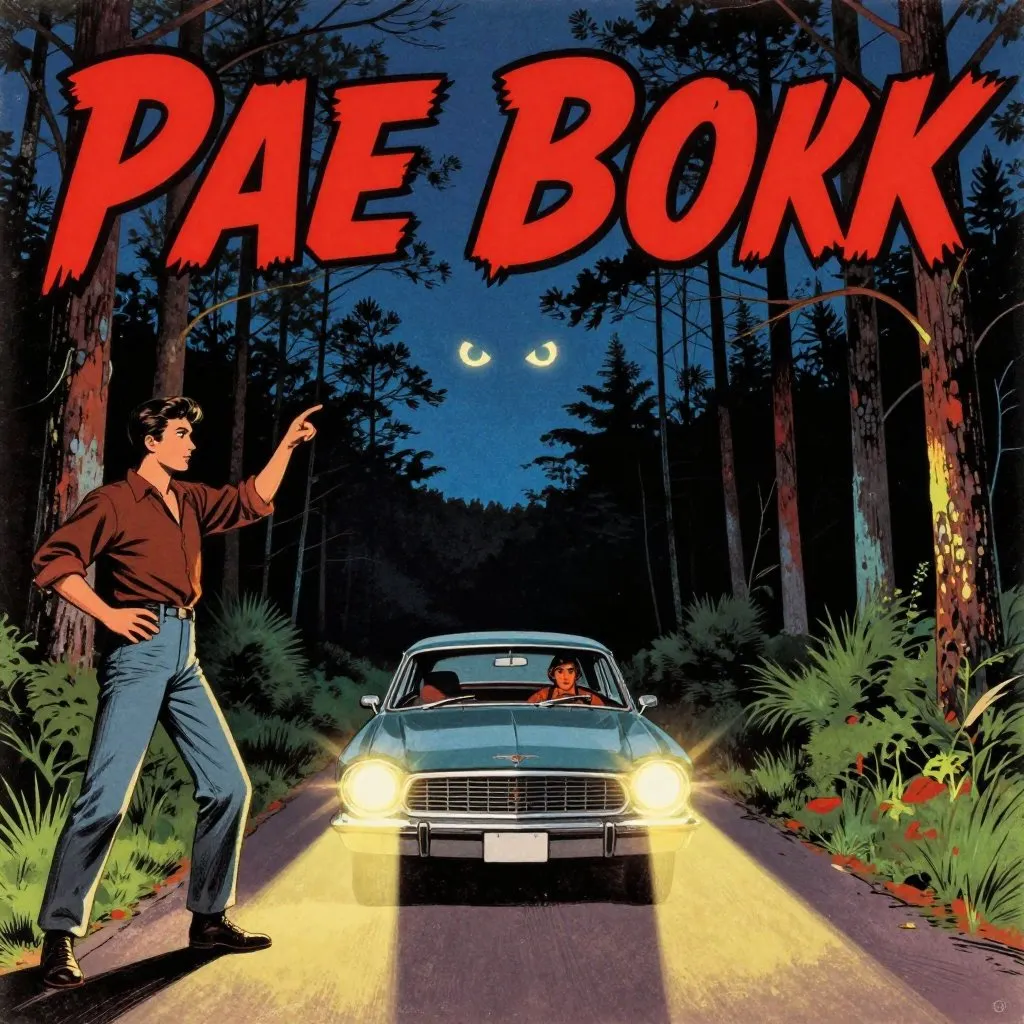 Retro pulp illustration of a car driving down a narrow Pine Barrens road at night with glowing eyes and wings in the trees