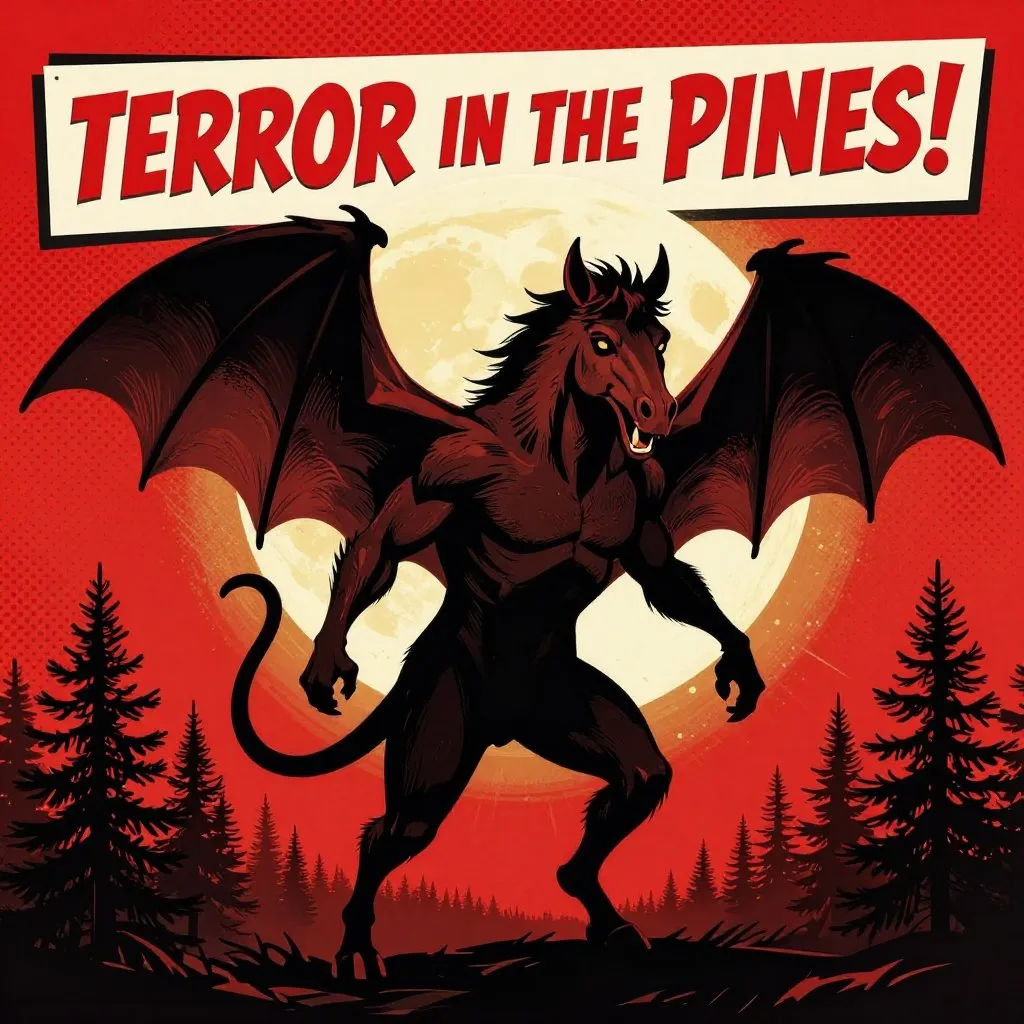 Retro pulp magazine illustration of the Jersey Devil with bat wings spread against a full moon over the Pine Barrens