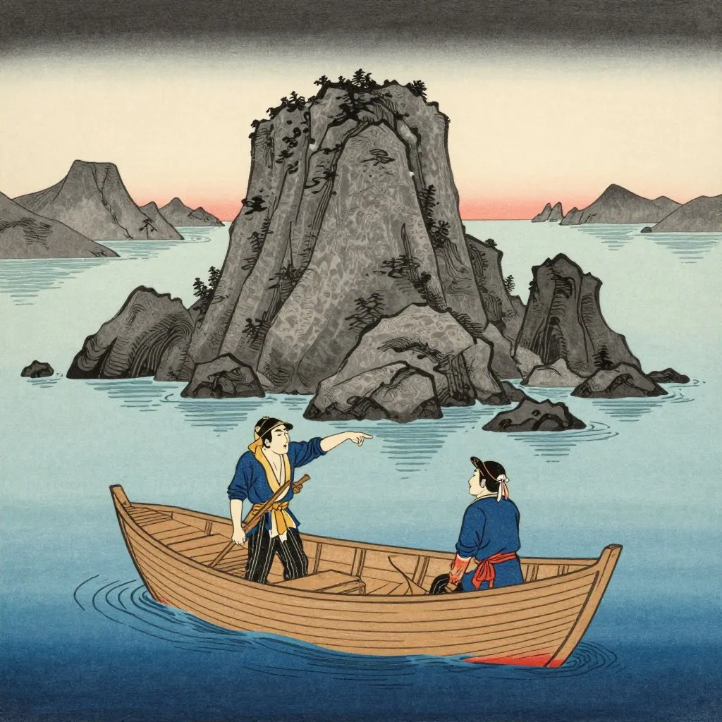 Japanese ukiyo-e illustration of Norse fishermen in a wooden boat near a rocky island that is subtly alive