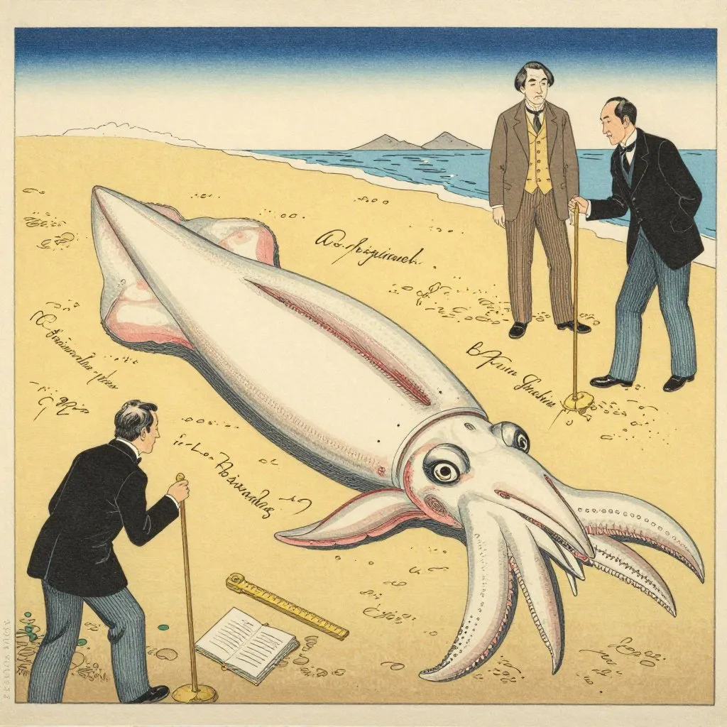 Japanese ukiyo-e illustration of a giant squid specimen on a beach with 19th-century scientists measuring it