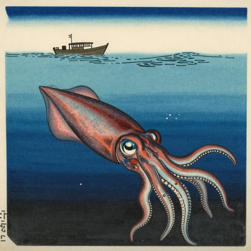 Japanese ukiyo-e illustration of a giant squid at ocean depth with enormous eye highlighted and a small boat on the surface for scale
