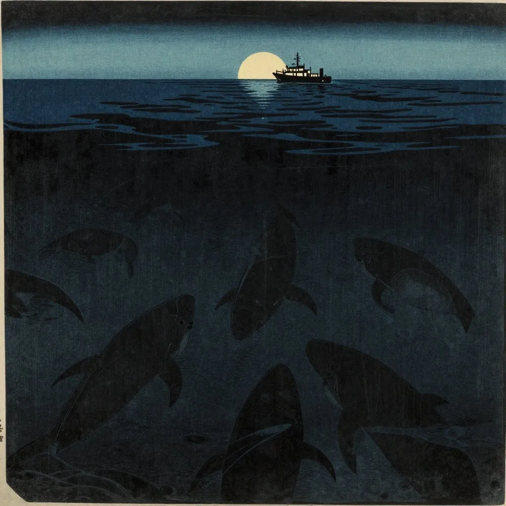 Japanese ukiyo-e illustration of a vast dark ocean from above with a small circle of light from a research vessel and enormous shadowy shapes below