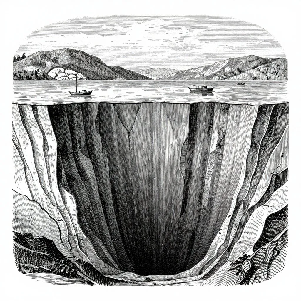 Victorian engraving cross-section of Loch Ness showing its immense depth with tiny boats on the surface
