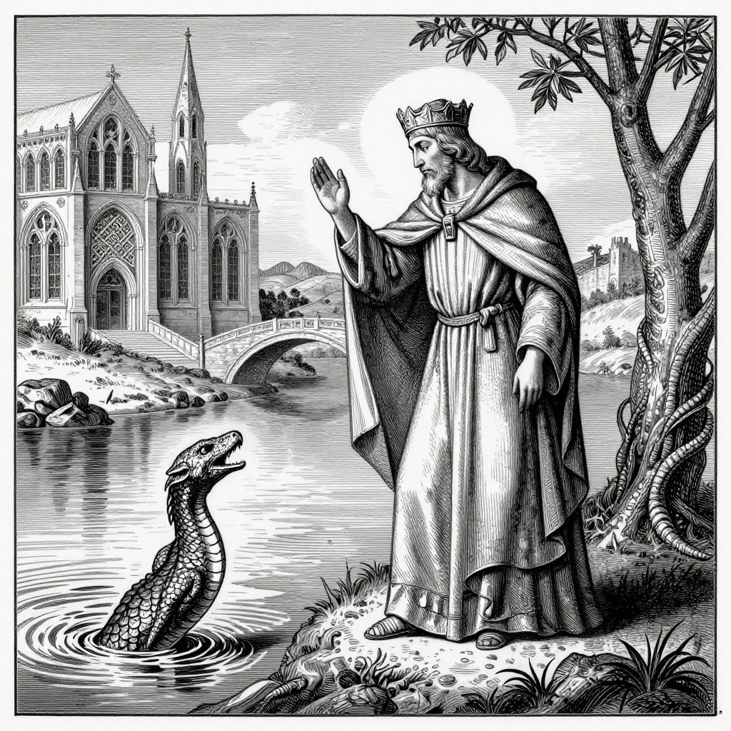 Victorian engraving of a medieval robed saint on a riverbank confronting a serpentine creature rising from water
