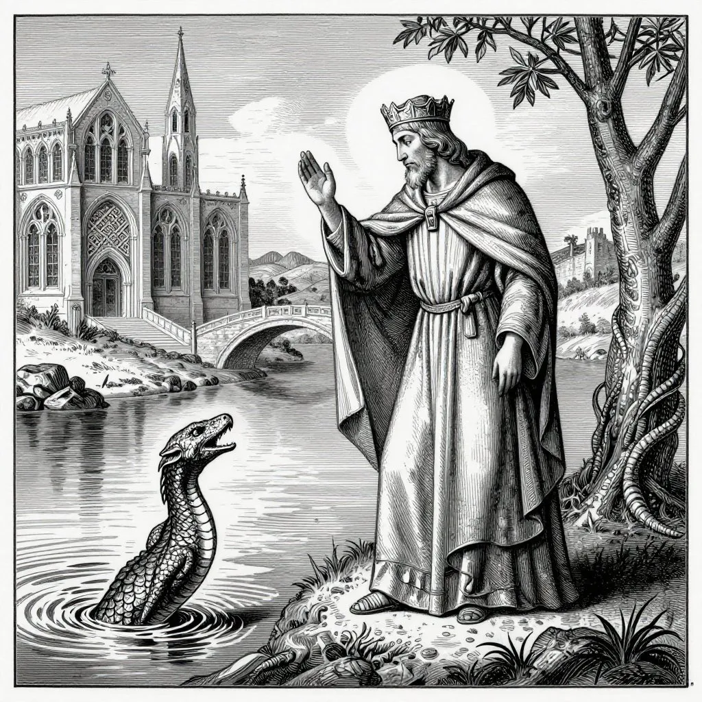 Victorian engraving of a medieval robed saint on a riverbank confronting a serpentine creature rising from water