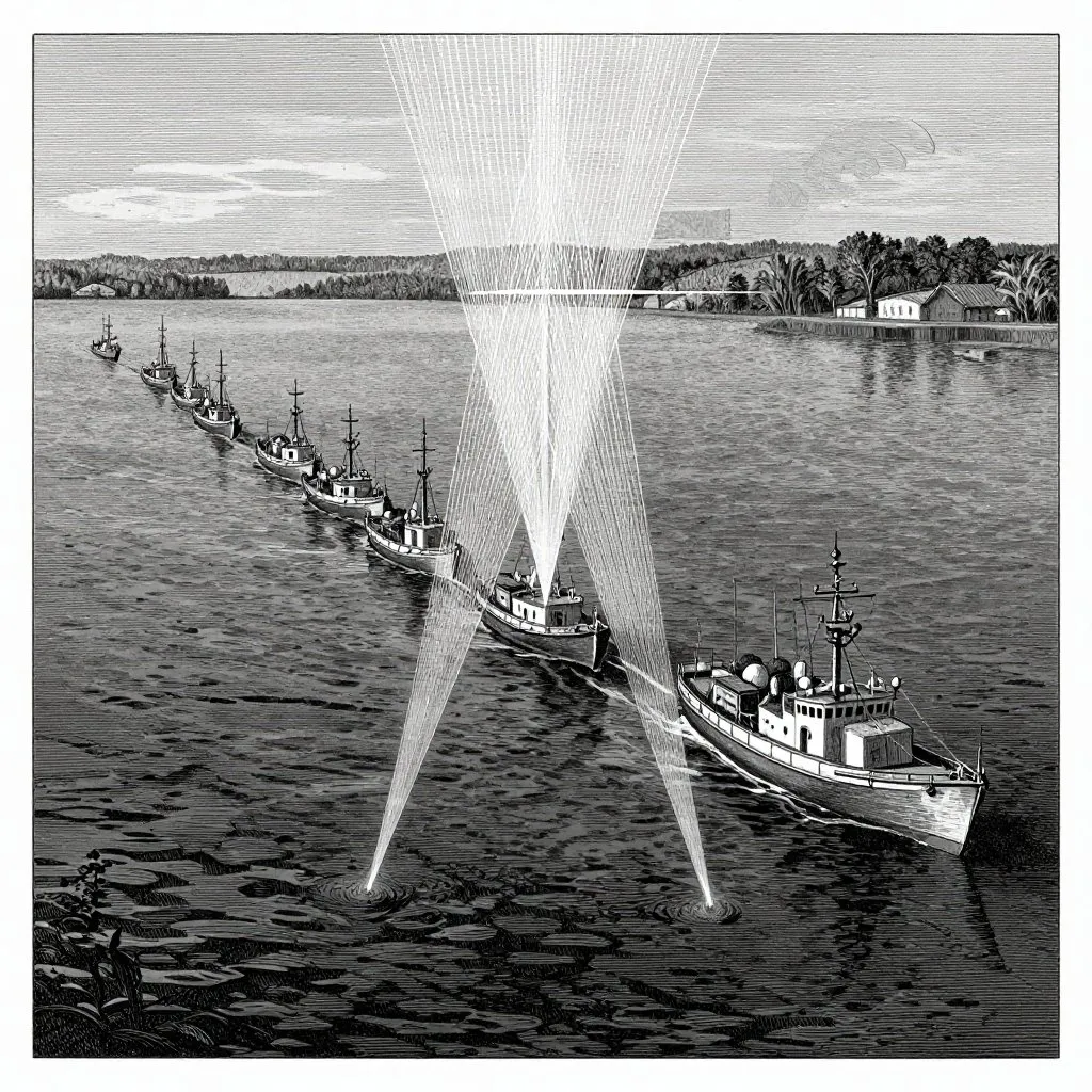 Victorian engraving of a fleet of boats in formation across a dark lake with sonar beams radiating downward