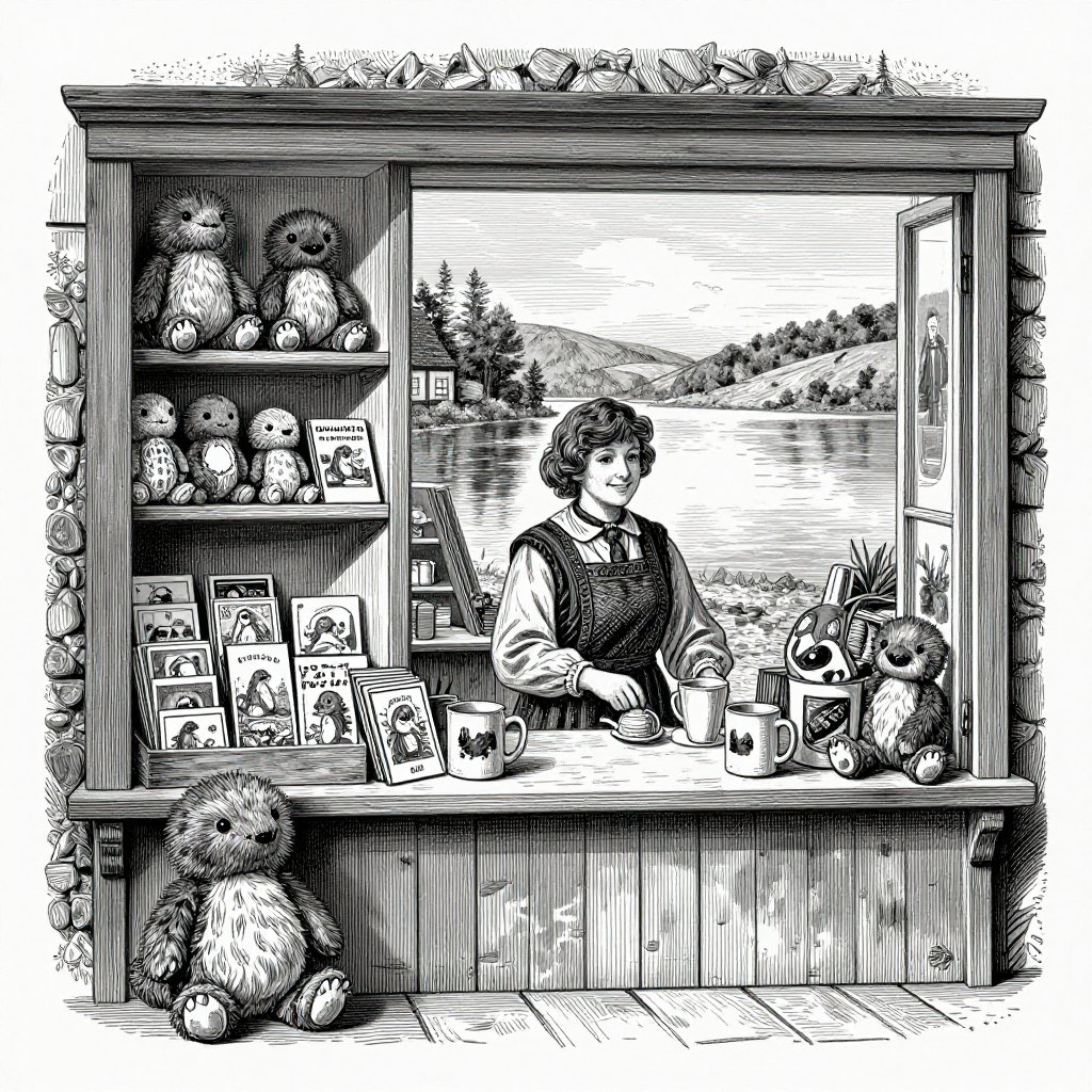 Victorian engraving of a quaint Scottish village gift shop overflowing with Nessie merchandise with the still loch visible through the window