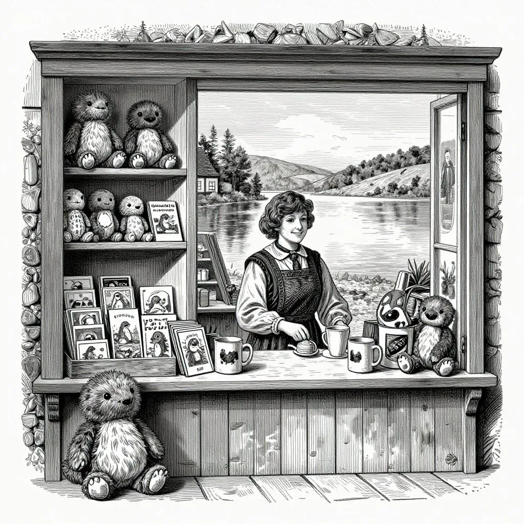 Victorian engraving of a quaint Scottish village gift shop overflowing with Nessie merchandise with the still loch visible through the window