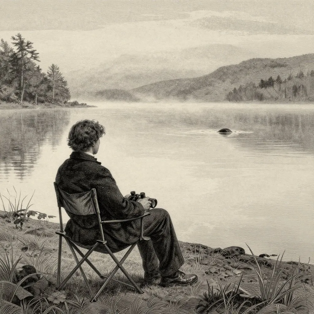 Victorian engraving of a solitary figure sitting by Loch Ness at dawn with binoculars, something barely breaking the distant surface