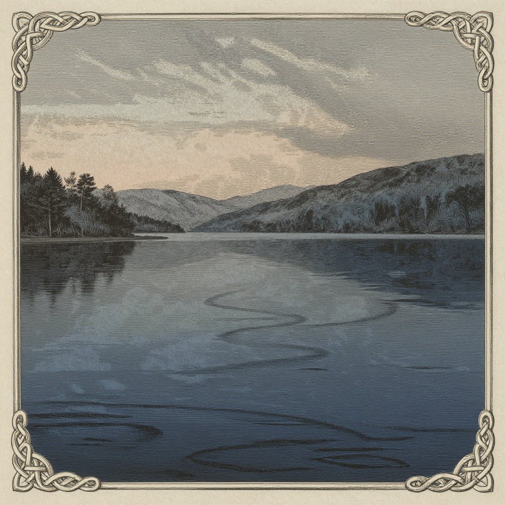 Victorian engraving of Loch Ness at dusk with a subtle serpentine shape beneath the dark water surface
