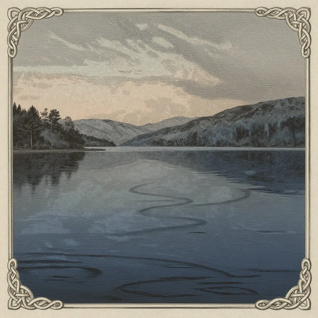 Victorian engraving of Loch Ness at dusk with a subtle serpentine shape beneath the dark water surface