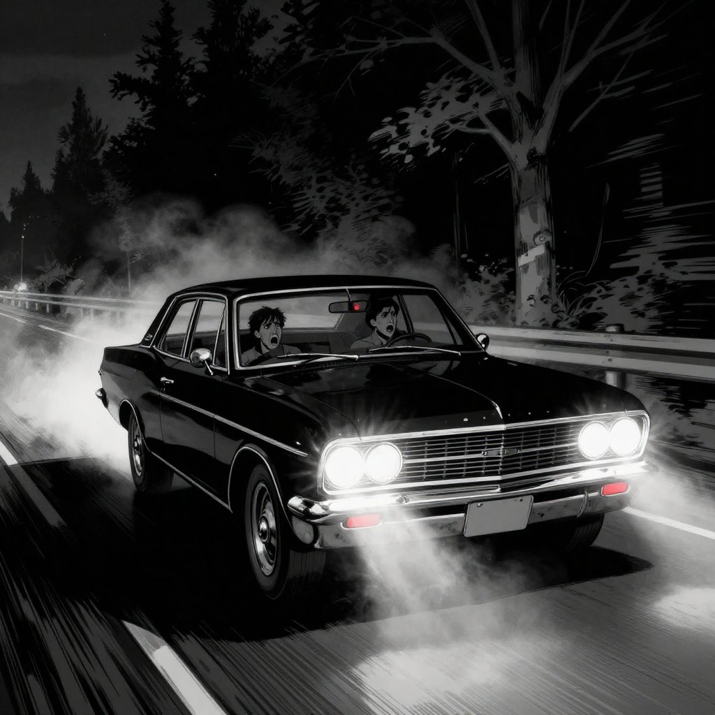 Noir comic book illustration of a 1960s car speeding down a dark road with two red dots glowing in the rearview mirror