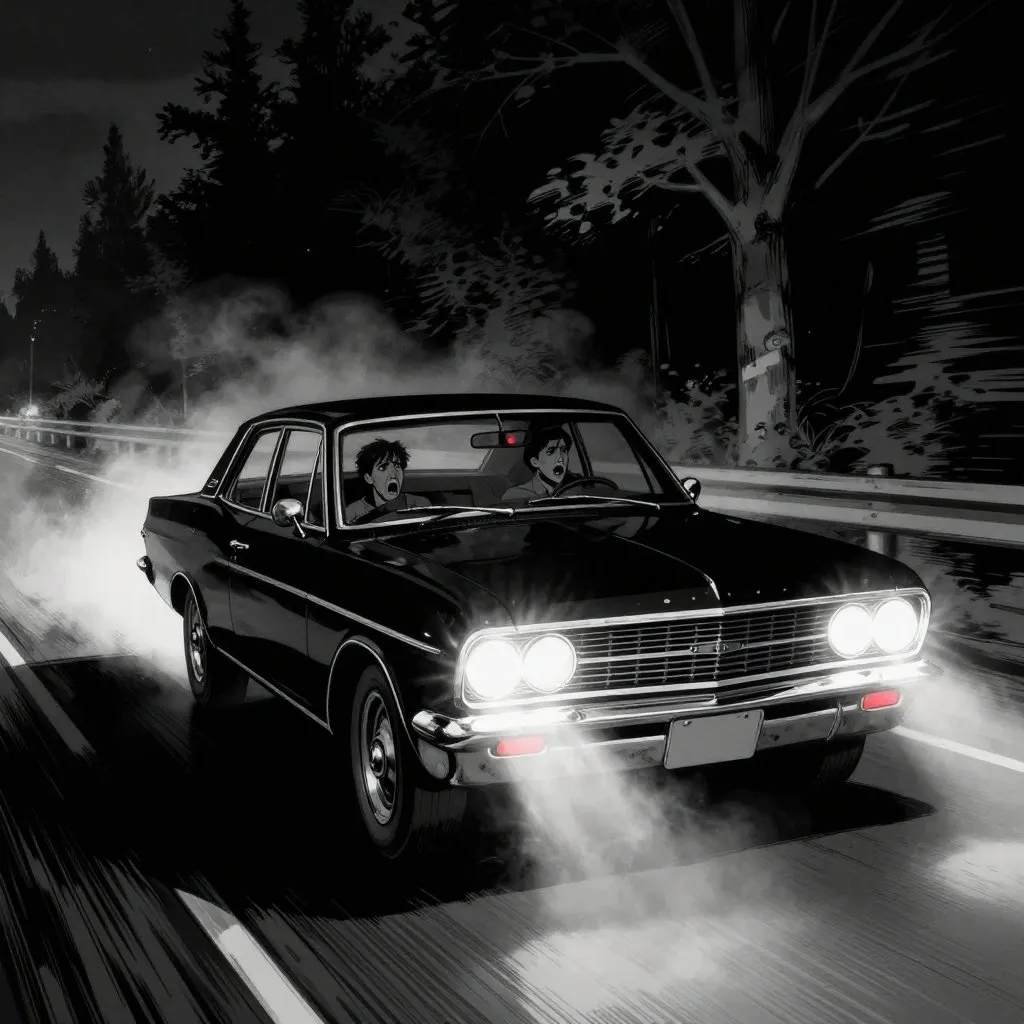 Noir comic book illustration of a 1960s car speeding down a dark road with two red dots glowing in the rearview mirror