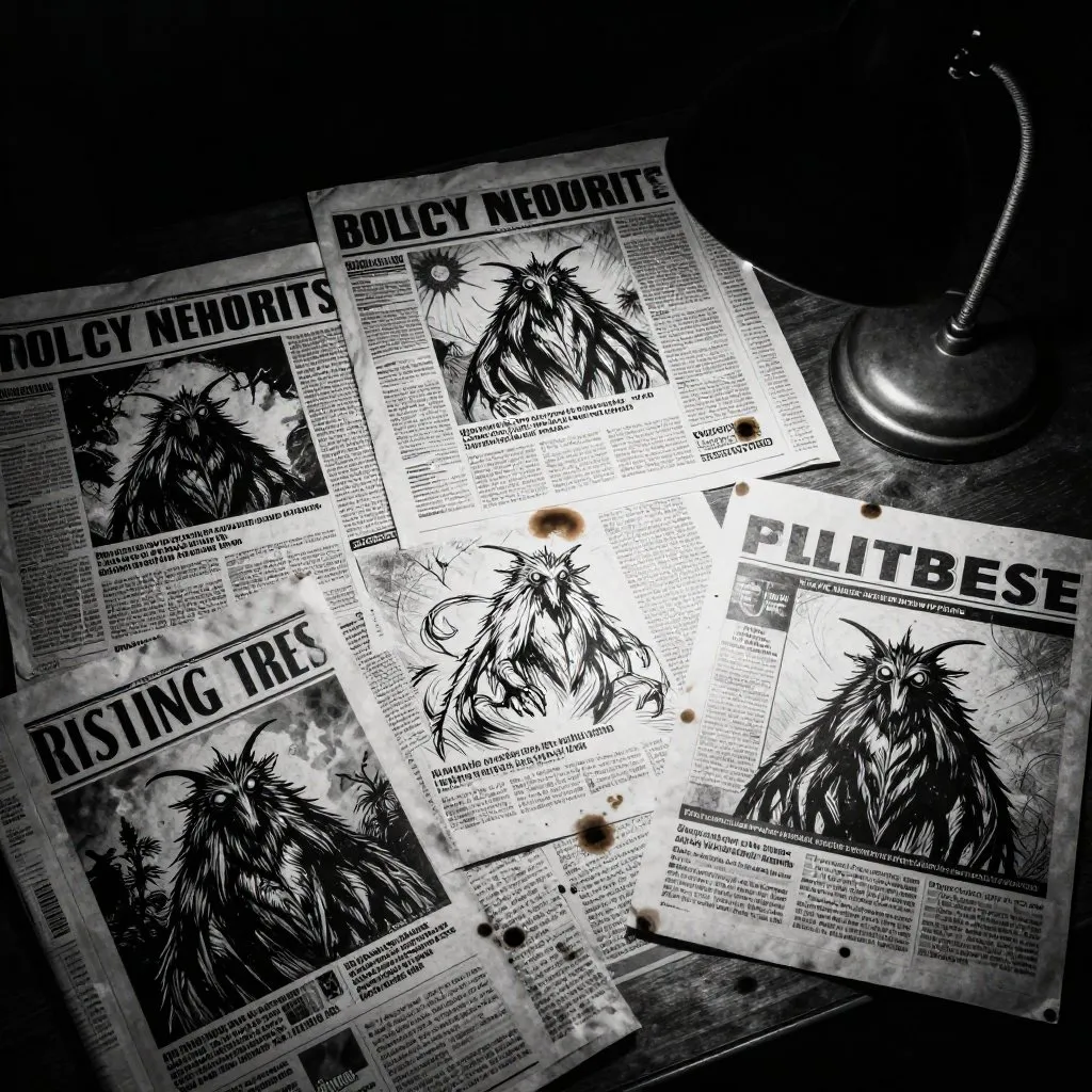 Noir comic book illustration of newspaper clippings and police reports spread across a desk with varying Mothman sketches