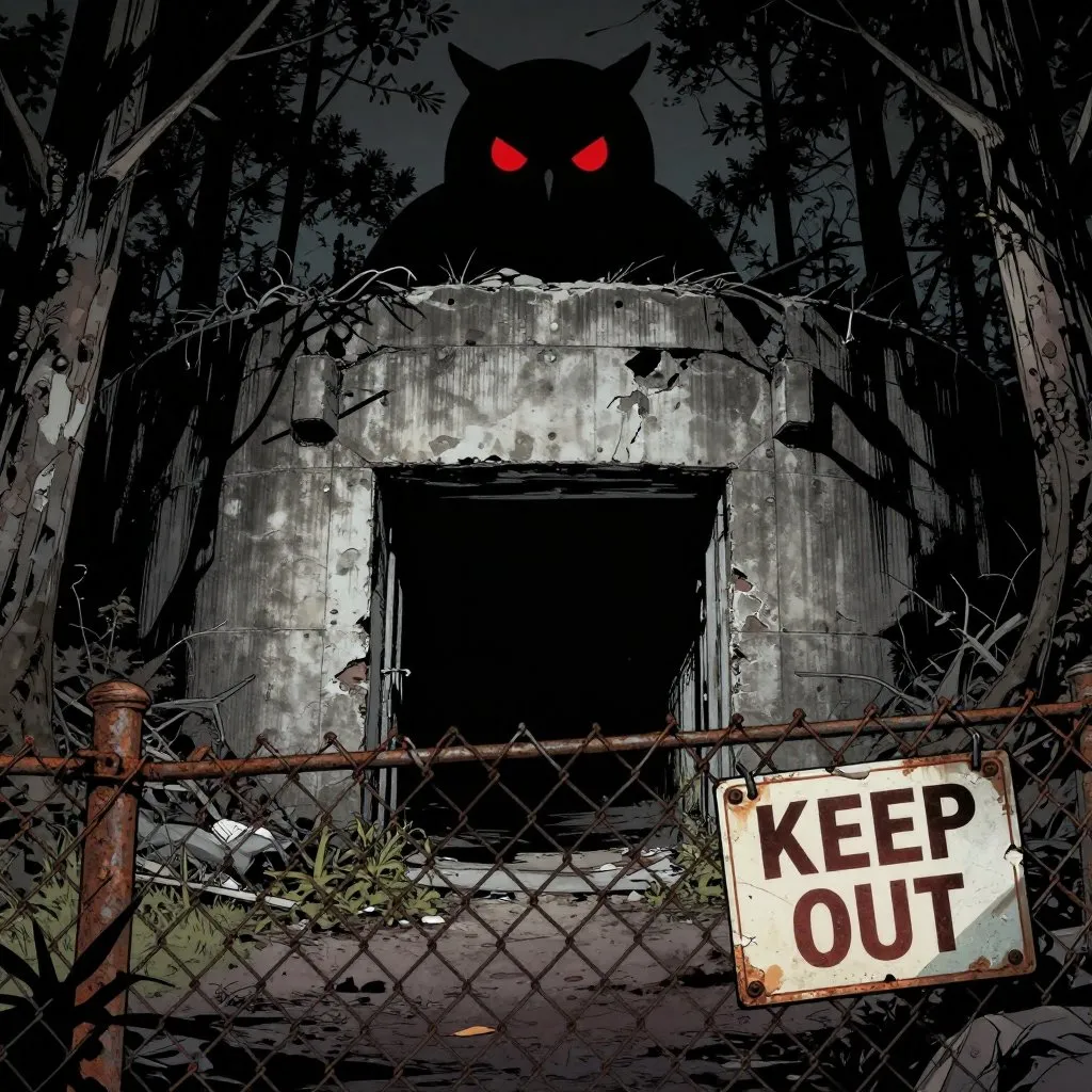 Noir comic book illustration of an abandoned concrete bunker in a forest at night with a dark shape on top and red eyes