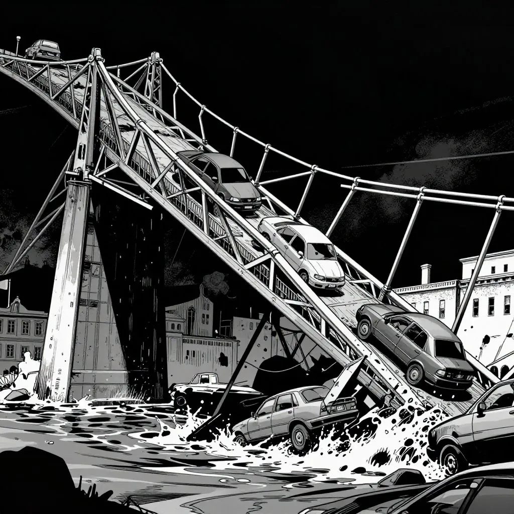 Noir comic book illustration of the Silver Bridge at the moment of collapse with dramatic diagonal composition