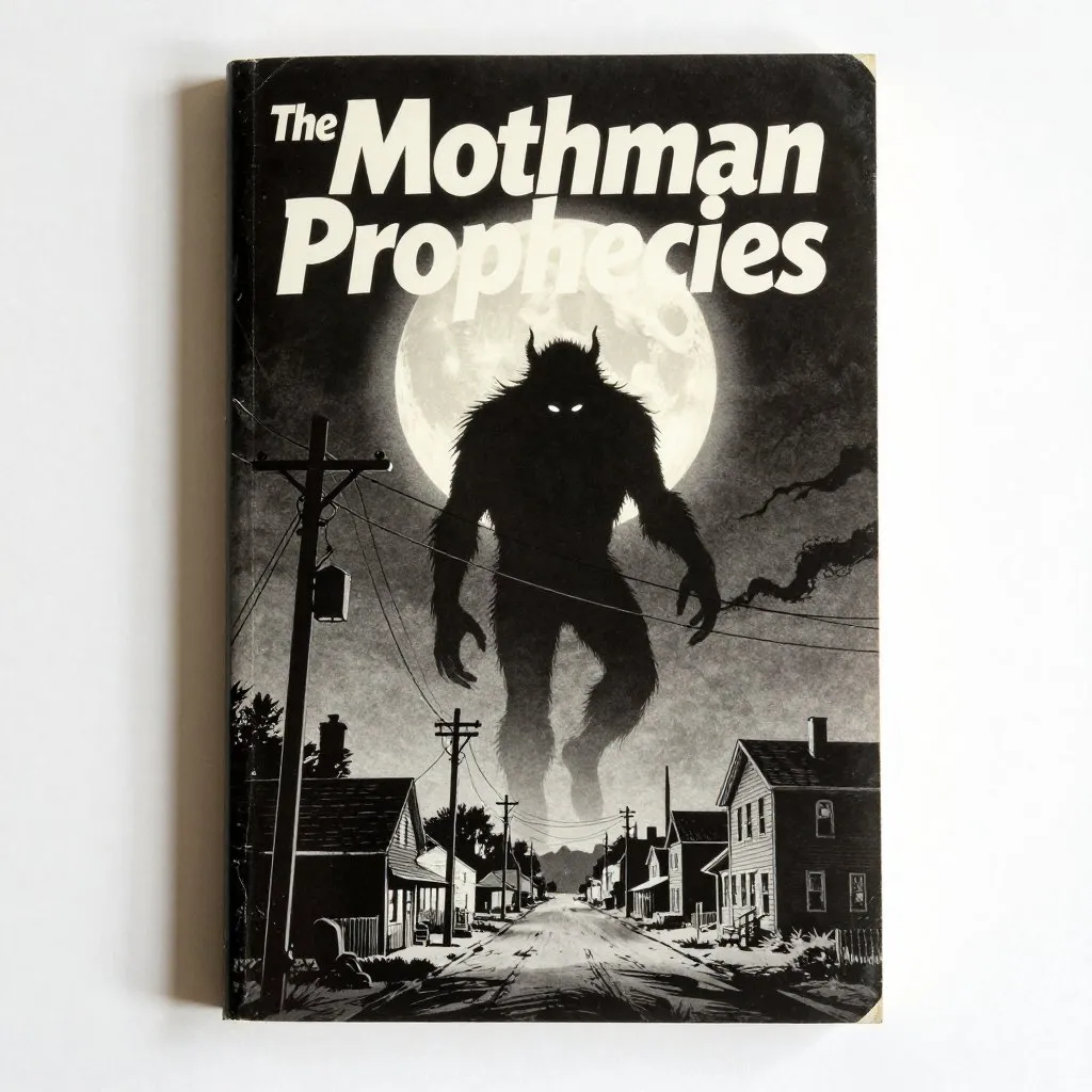 Noir comic book illustration of a 1970s pulp paperback cover for The Mothman Prophecies with Mothman silhouette against a full moon