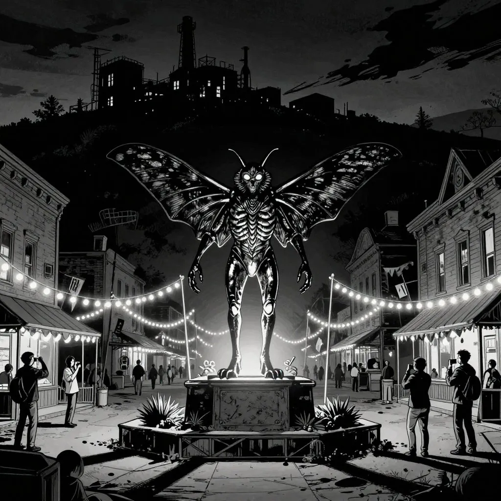 Noir comic book illustration of the shiny Mothman statue in a small town at night with festival lights and the dark TNT plant visible on a distant hillside