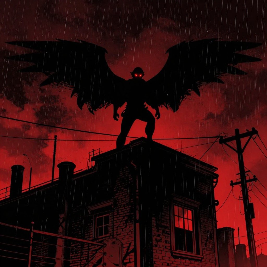 Noir comic book illustration of a dark winged silhouette perched on an industrial building at night with two piercing red eyes