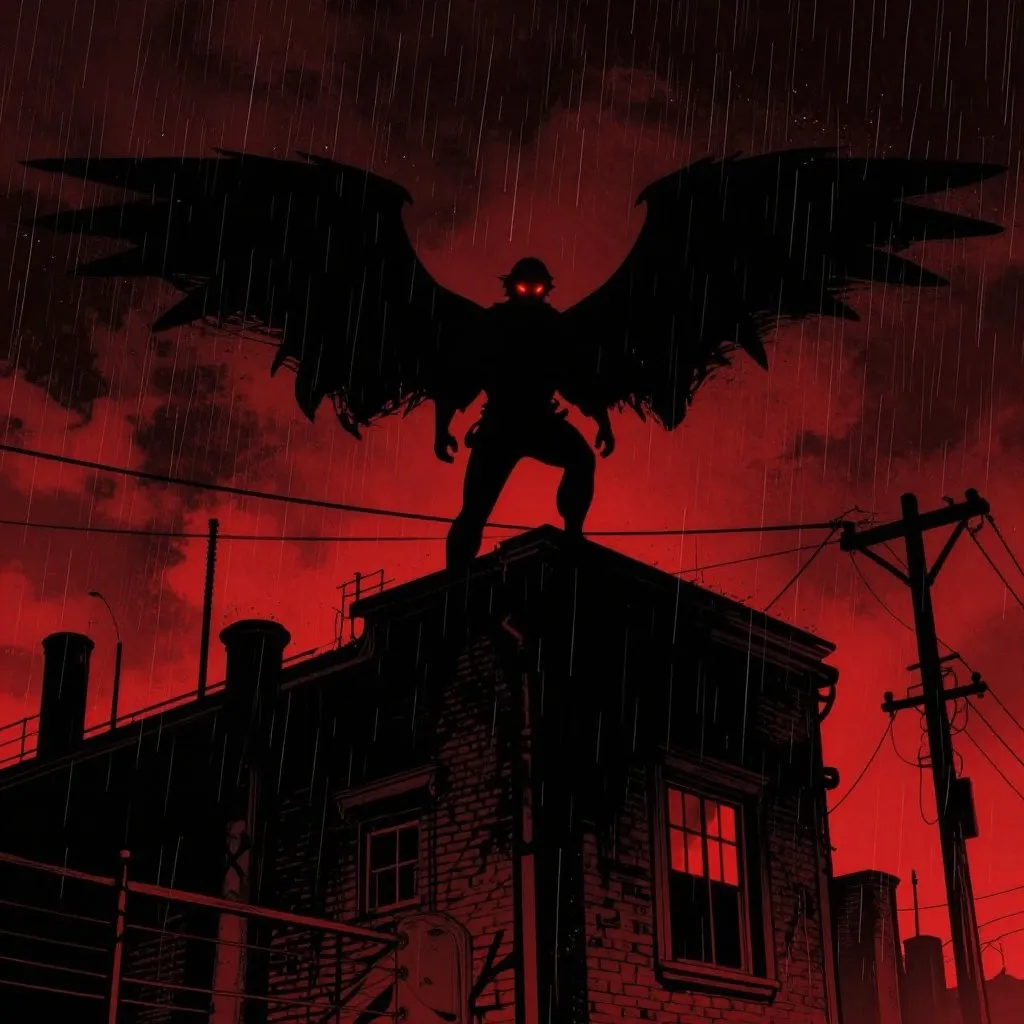 Noir comic book illustration of a dark winged silhouette perched on an industrial building at night with two piercing red eyes