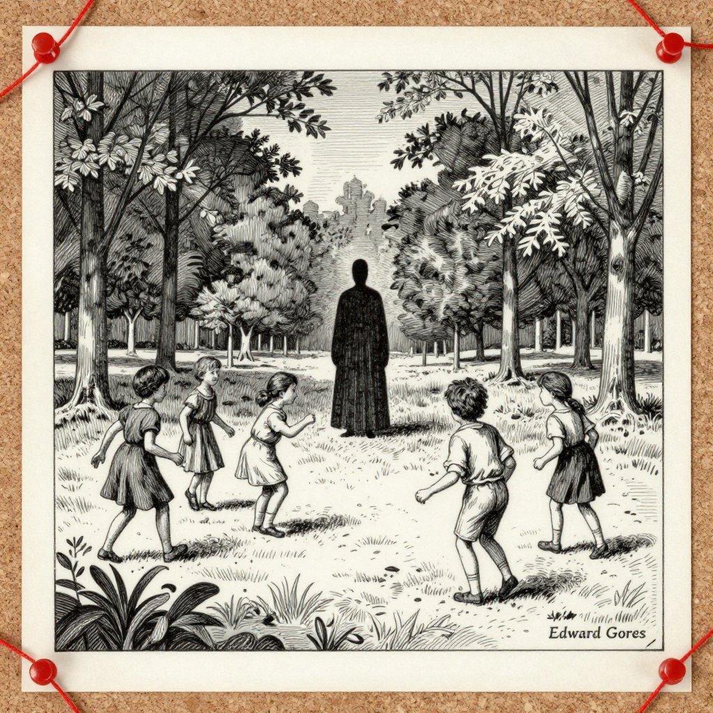 Edward Gorey pen and ink illustration of a vintage photograph of children with a tall faceless figure among distant trees