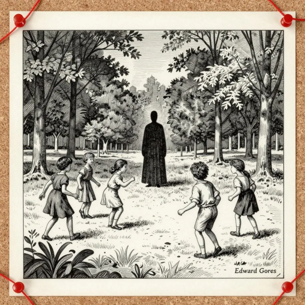 Edward Gorey pen and ink illustration of a vintage photograph of children with a tall faceless figure among distant trees